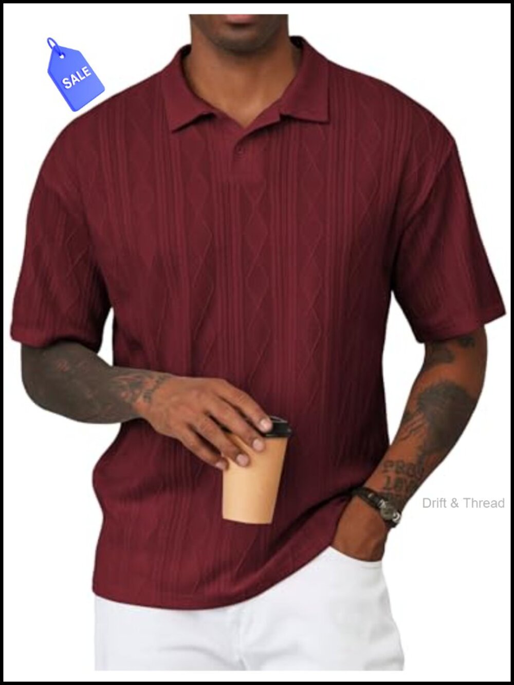 Mens Casual Knit Polo Shirt Button Down Stretchy Jacquard Textured Golf Shirt